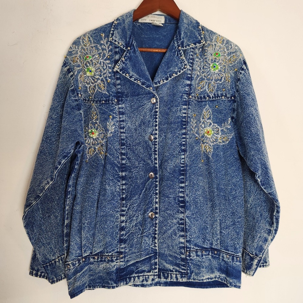 Vintage 80s 90s Acid Wash Denim Jacket Floral Embroidered Rhinestone Beaded Sz M
